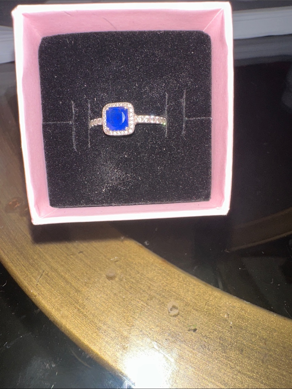 Pandora Silver Ring with Deep Blue Square Gem and Halo